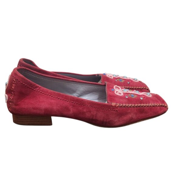 Bruno Magli Suede Embroidered Loafers Red Italy Square Toe Women’s Shoes Sze38.5 - Picture 4 of 10